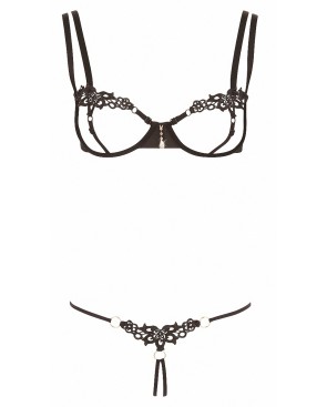 Ensemble dentelle string ouvert et seins nus noir - Cottelli Lingerie
