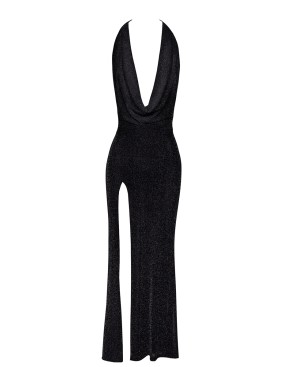 Robe longue fendue Onyx F373 - Noir Handmade