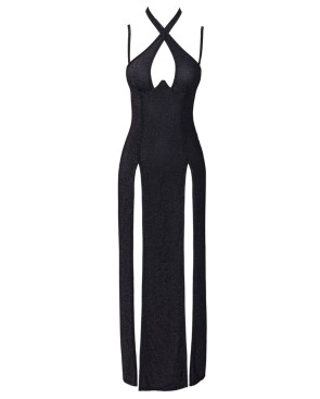 Robe longue à décolleté plongeant noire argentée - Cottelli PARTY 