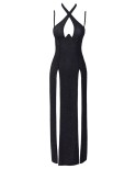 Robe longue à décolleté plongeant noire argentée - par Cottelli PARTY
