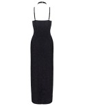 Robe longue à décolleté plongeant noire argentée - par Cottelli PARTY