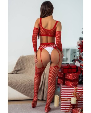 Ensemble Lingerie 3 pièces rouge en résille large - par J Lingerie