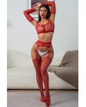 Ensemble Lingerie 3 pièces rouge en résille large - par J Lingerie