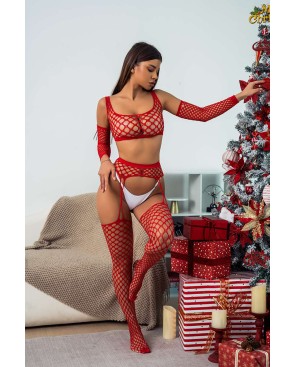 Ensemble Lingerie 3 pièces rouge en résille large - J Lingerie