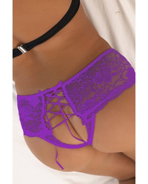Tanga ouvert dentelle lacé Violet - Litolu Lingerie