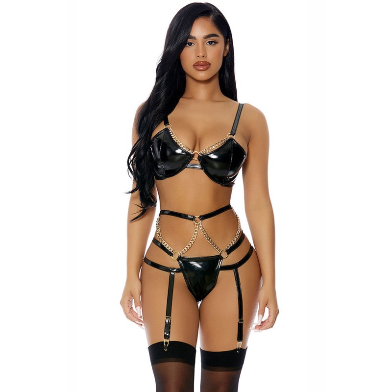 Ensemble 3 pièces à jarretelles en faux cuir WET - par J Lingerie