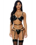 Ensemble 3 pièces à jarretelles en faux cuir WET - par J Lingerie