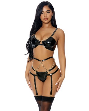 Ensemble 3 pièces à jarretelles en faux cuir - J Lingerie