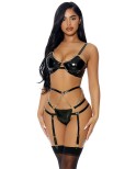 Ensemble 3 pièces à jarretelles en faux cuir WET - par J Lingerie
