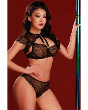 Ensemble soutien-gorge, tanga et caraco noir - J Lingerie
