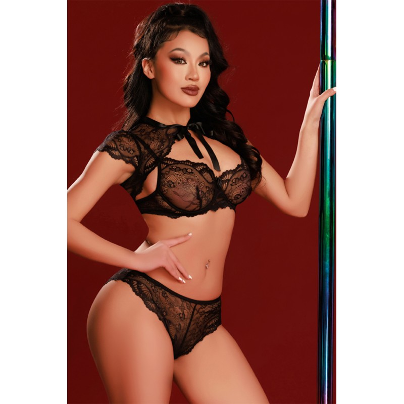 Ensemble noir soutien-gorge, tanga et Caraco - par J Lingerie