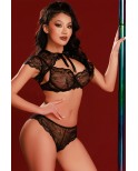 Ensemble noir soutien-gorge, tanga et Caraco - par J Lingerie