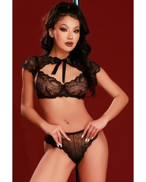 Ensemble soutien-gorge, tanga et caraco noir - J Lingerie