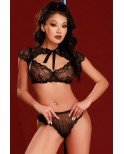 Ensemble noir soutien-gorge, tanga et Caraco - par J Lingerie