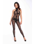 Combinaison zippée Ego F315 tulle floqué, lingerie par Noir HandMade