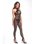 Combinaison zippée Ego F315 tulle floqué, lingerie par Noir HandMade