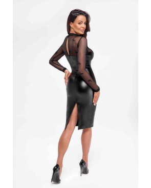 Robe moulante Sublime F310 wetlook et tulle floqué, lingerie par Noir HandMade