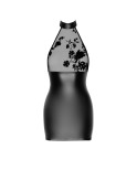 Mini robe dos nu Eros F311 wetlook et tulle floqué, lingerie par Noir HandMade