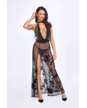 Robe longue dos nu Divinity F312 tulle floqué, lingerie par Noir Handmade