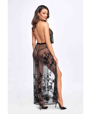Robe longue dos nu Divinity F312 tulle floqué, lingerie par Noir Handmade