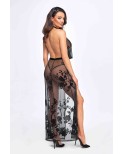 Robe longue dos nu Divinity F312 tulle floqué, lingerie par Noir Handmade