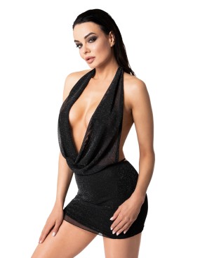 Mini robe dos nu Luminara F351 en maille pailletée, lingerie par Noir HandMade