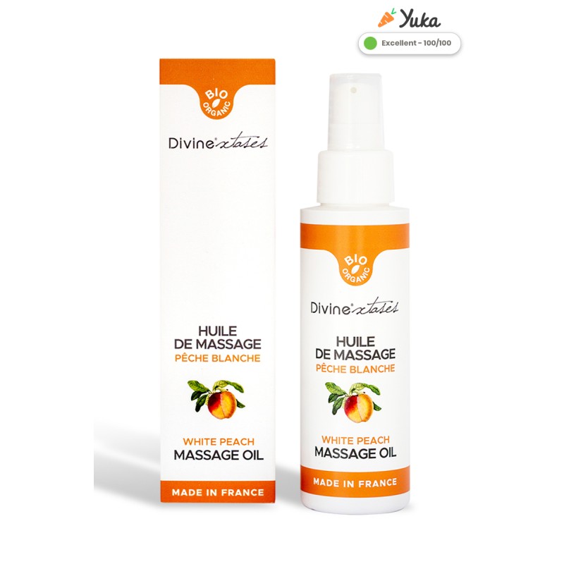 Huile de massage gourmande BIO pêche blanche Hydratant et Comestible 100ml par Divinextases