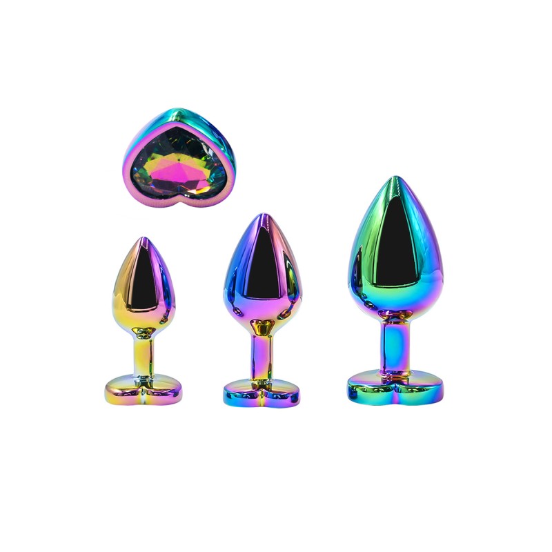 3 plugs coeur Crystal Heart métal arc-en-ciel - par DIK